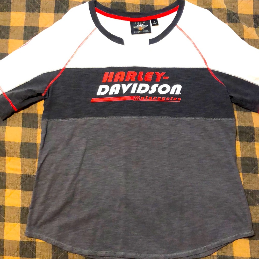 Women’s Harley Davidson Half Sleeve V Neck Black and White Cotton Shirt Blouse